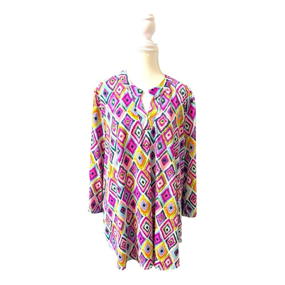Dear Scarlett Colorful Geometric Print Long Sleeve Blouse 2X